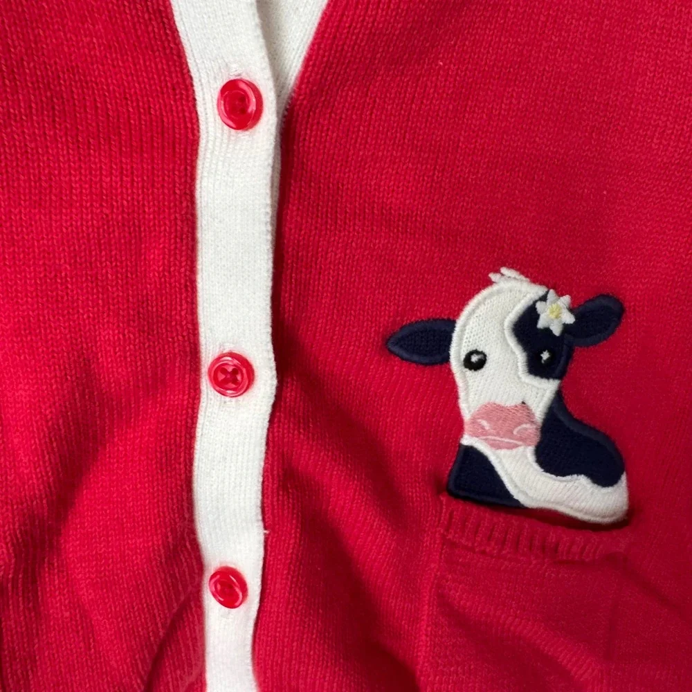 Gymboree Girls Red Cotton Animal‎ Pocket Cardigan Sweater Pig Cow Size 6
